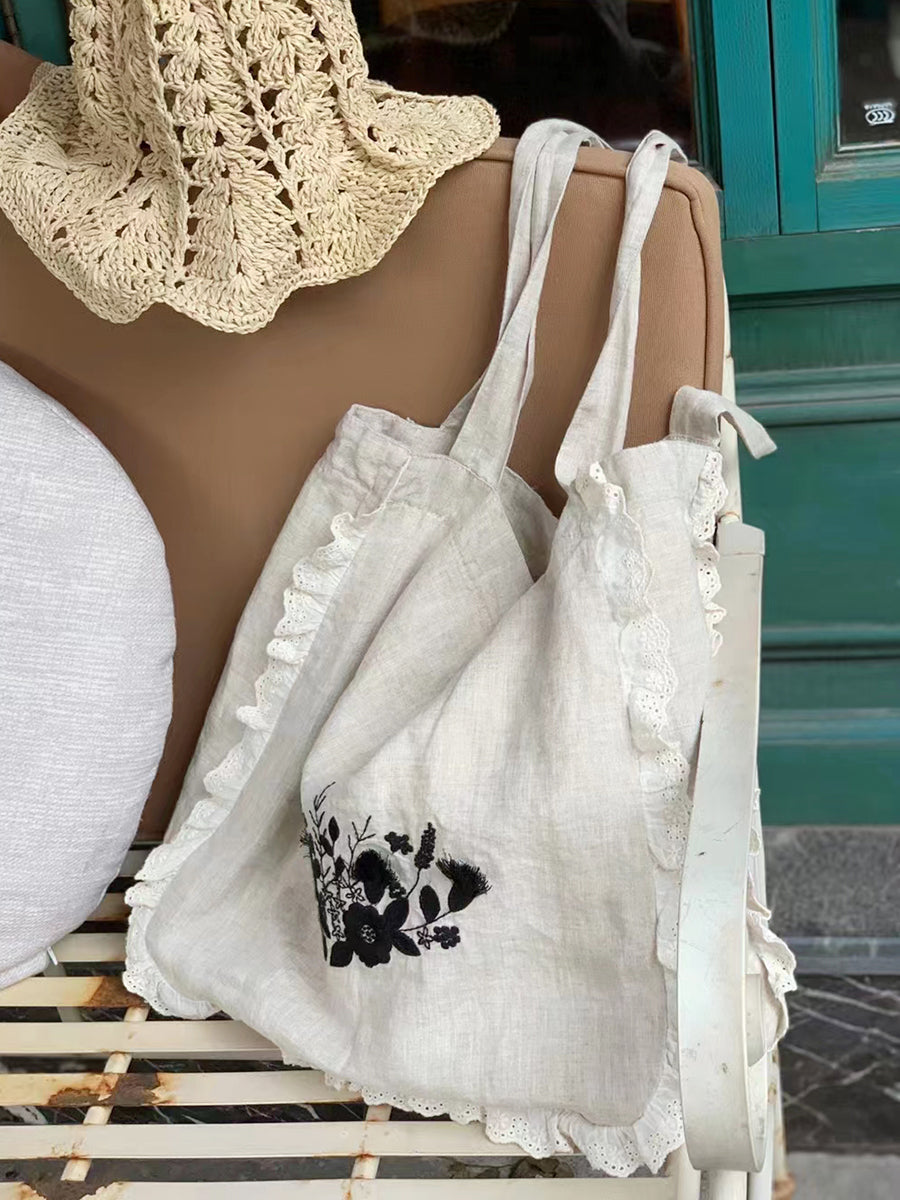 Ruffled Lace Embroidered Linen Bag