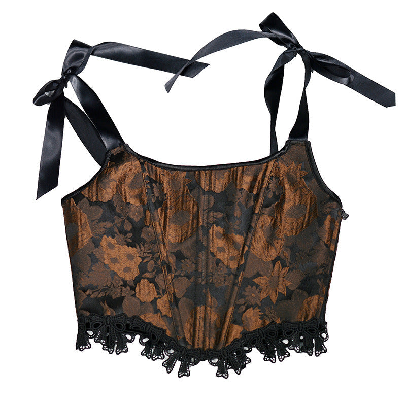 Retro Painting Jacquard Boned Lace Up Corset