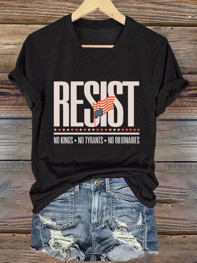 🔥Buy 3 Get 15% Off🔥V-Neck Retro Resist No Kings No Tyrants No Billionaires Print T-Shirt