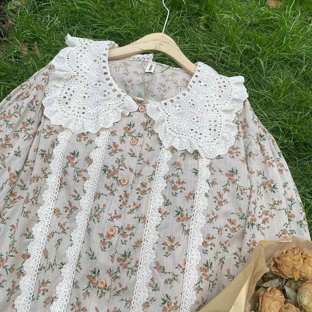Eyelet Lace Collar Floral Shirt