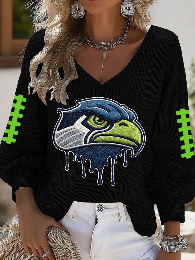 Women's Football Print V-neck Waffle Knit T-shirt