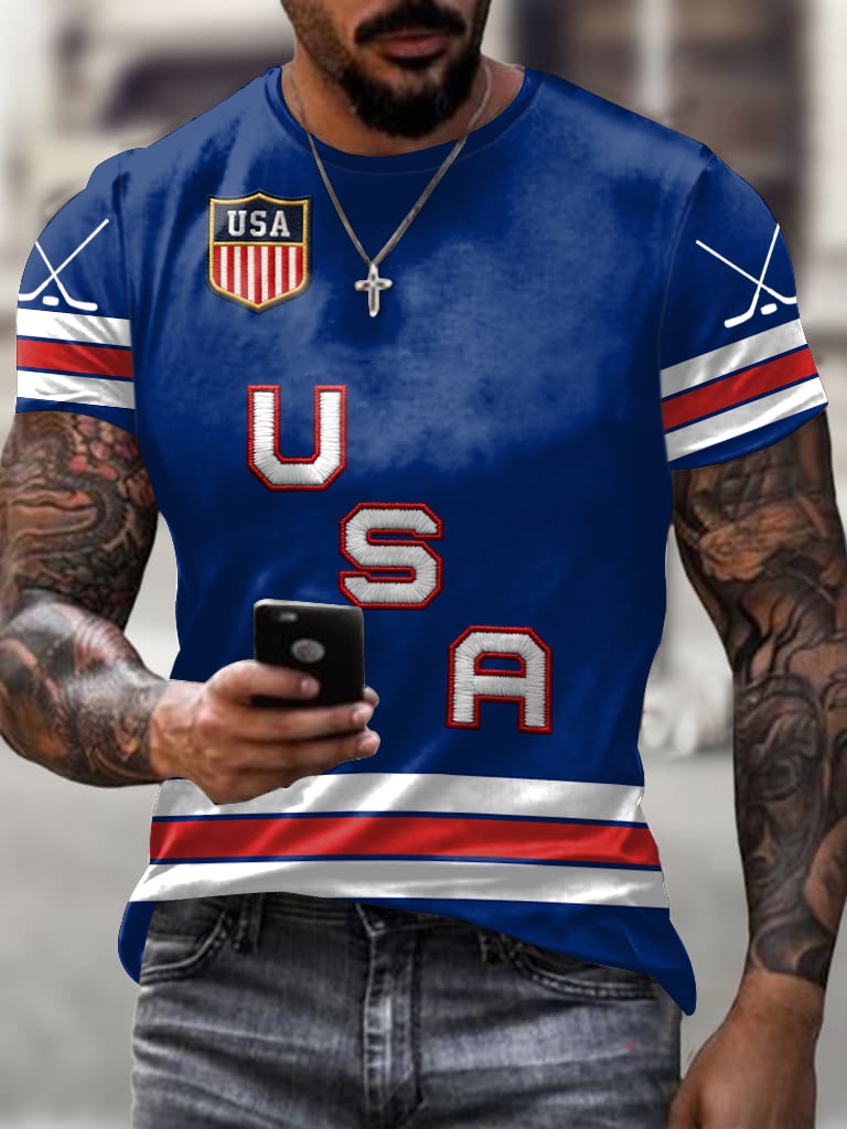 Men's Retro USA Ice Hockey Print Casual T-Shirt