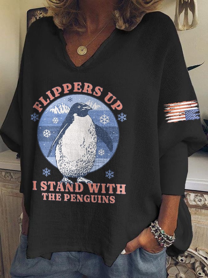 🔥Buy 3 Get 15% Off🔥V-neck Retro Flippers Up I Stand With The Penguins Resist Tariffs Print T-shirt