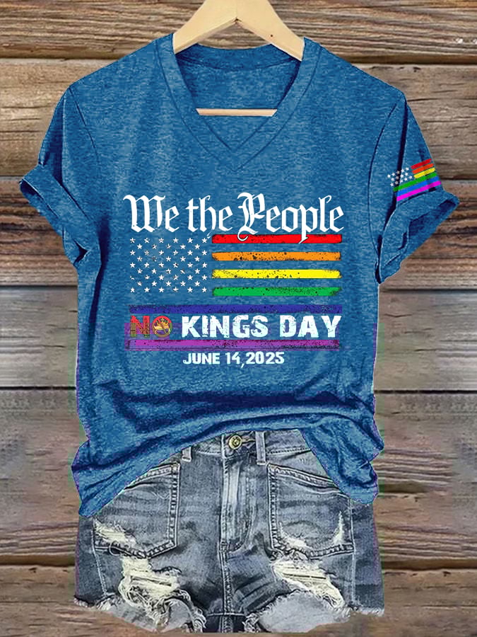 🔥Buy 3 Get 15% Off🔥V-Neck Retro We The People No Kings Day June 14, 2025 Print T-Shirt