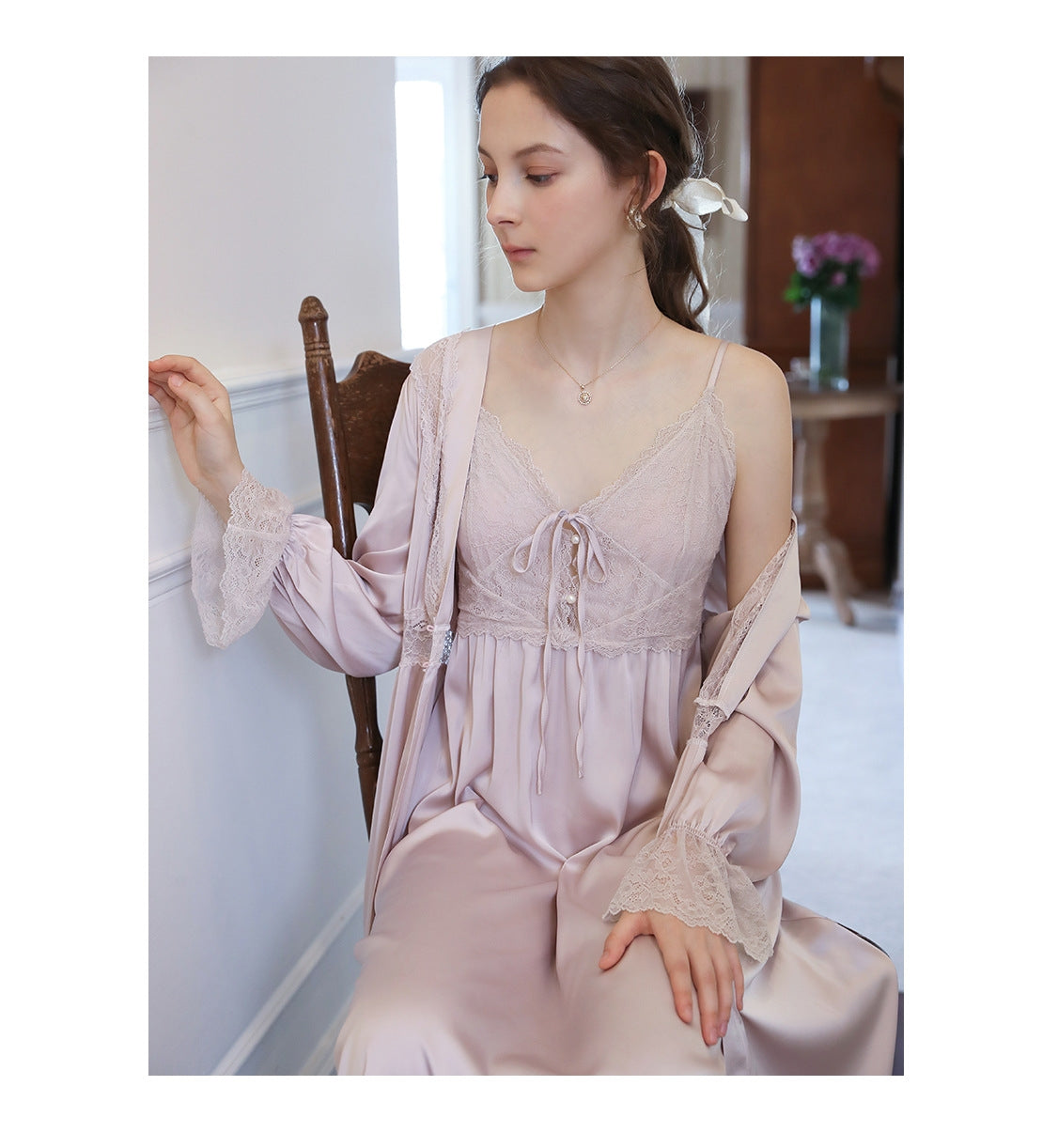 Vintage Satin Lace 2pcs Nightgown Set