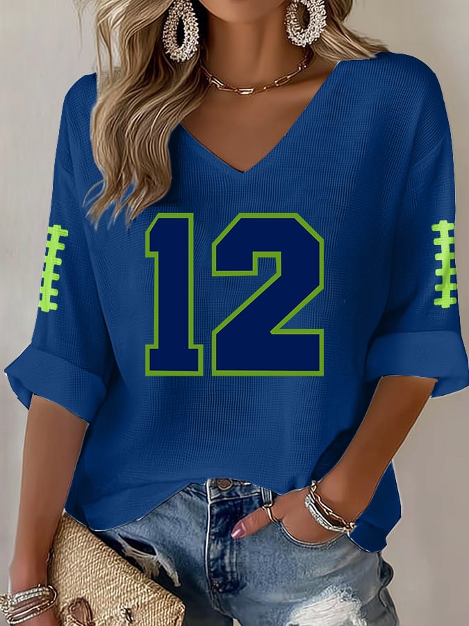 Women's Rugby Print Waffle Long Sleeve T-Shirt