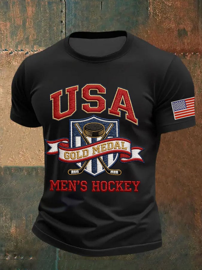 Men's Retro USA Mens Hockey Gold Medal Print Casual T-Shirt