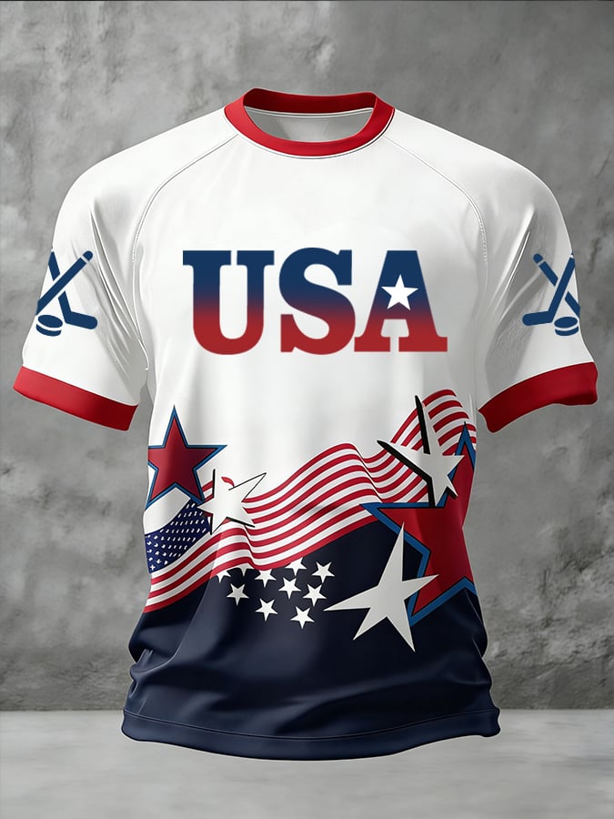 Men's USA Hockey Pattern Printed Short-Sleeved Shirt