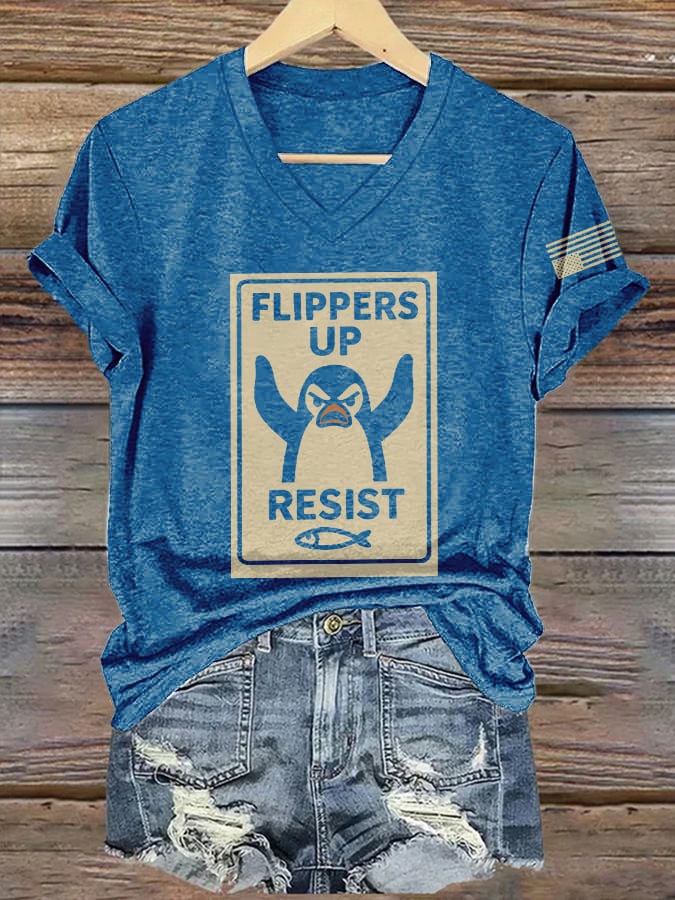 🔥Buy 3 Get 15% Off🔥V-Neck Retro Flippers Up Penguins Resist Tariffs Print T-Shirt