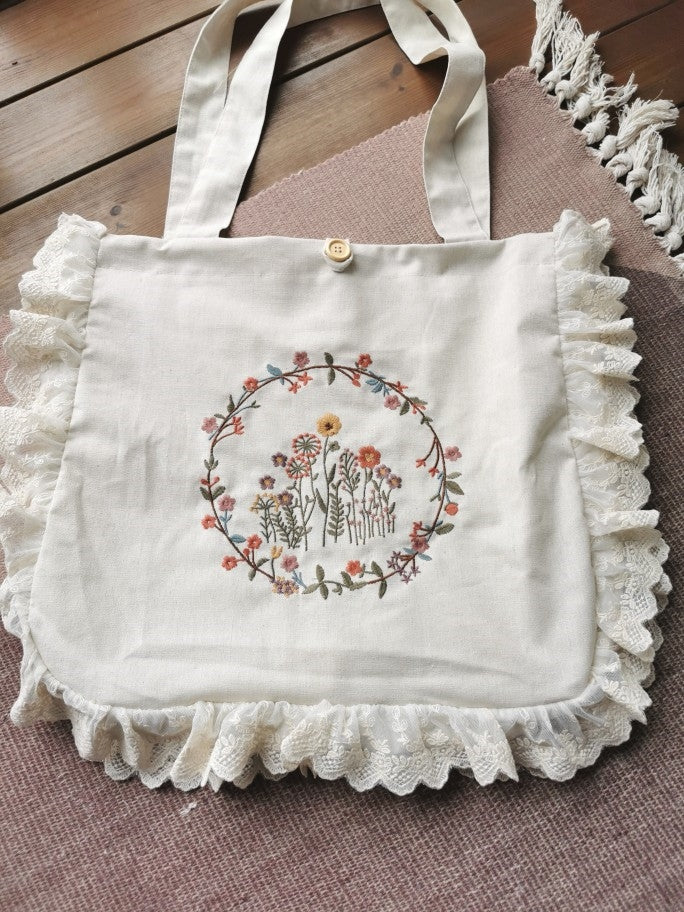 Floral Embroidered Lace Trim Linen Bag