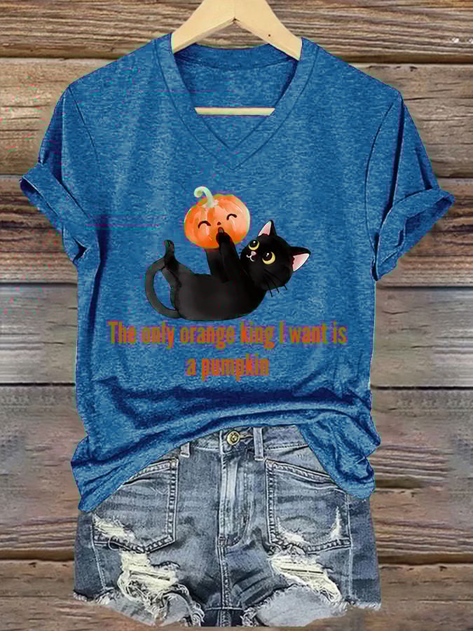 🔥Buy 3 Get 15% Off🔥Women's The Only Orange King I Want Is A Pumpkin Print V Neck T-shirt