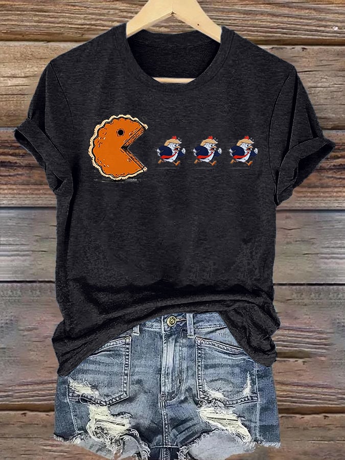 Women's Funny Turkey Chasing Pie Sublimation FDT Thanksgiving T-Shirt