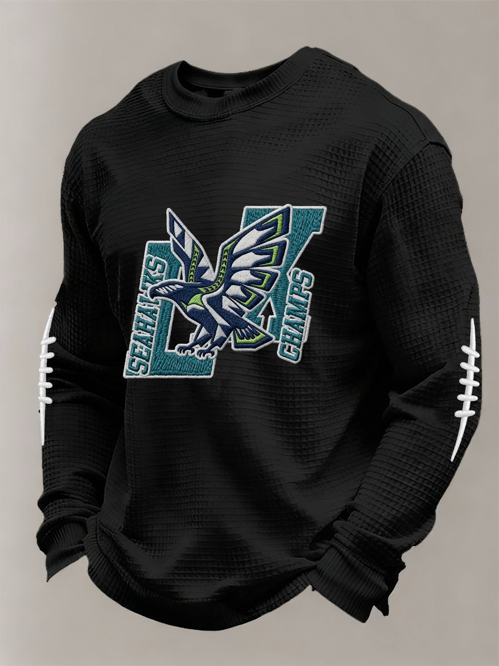 Menâs Football Graphic Waffle Knit Long Sleeve Crewneck T-Shirt