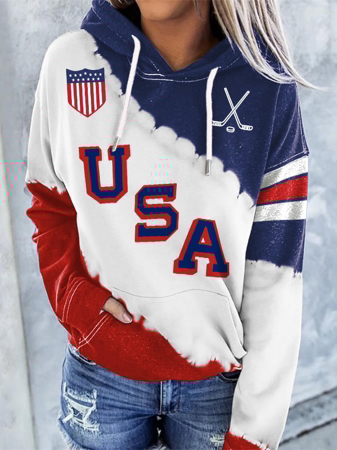 Retro USA Ice Hockey Print Hoodie