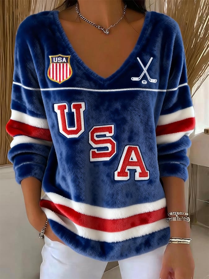 V-Neck Retro USA Ice Hockey Tops