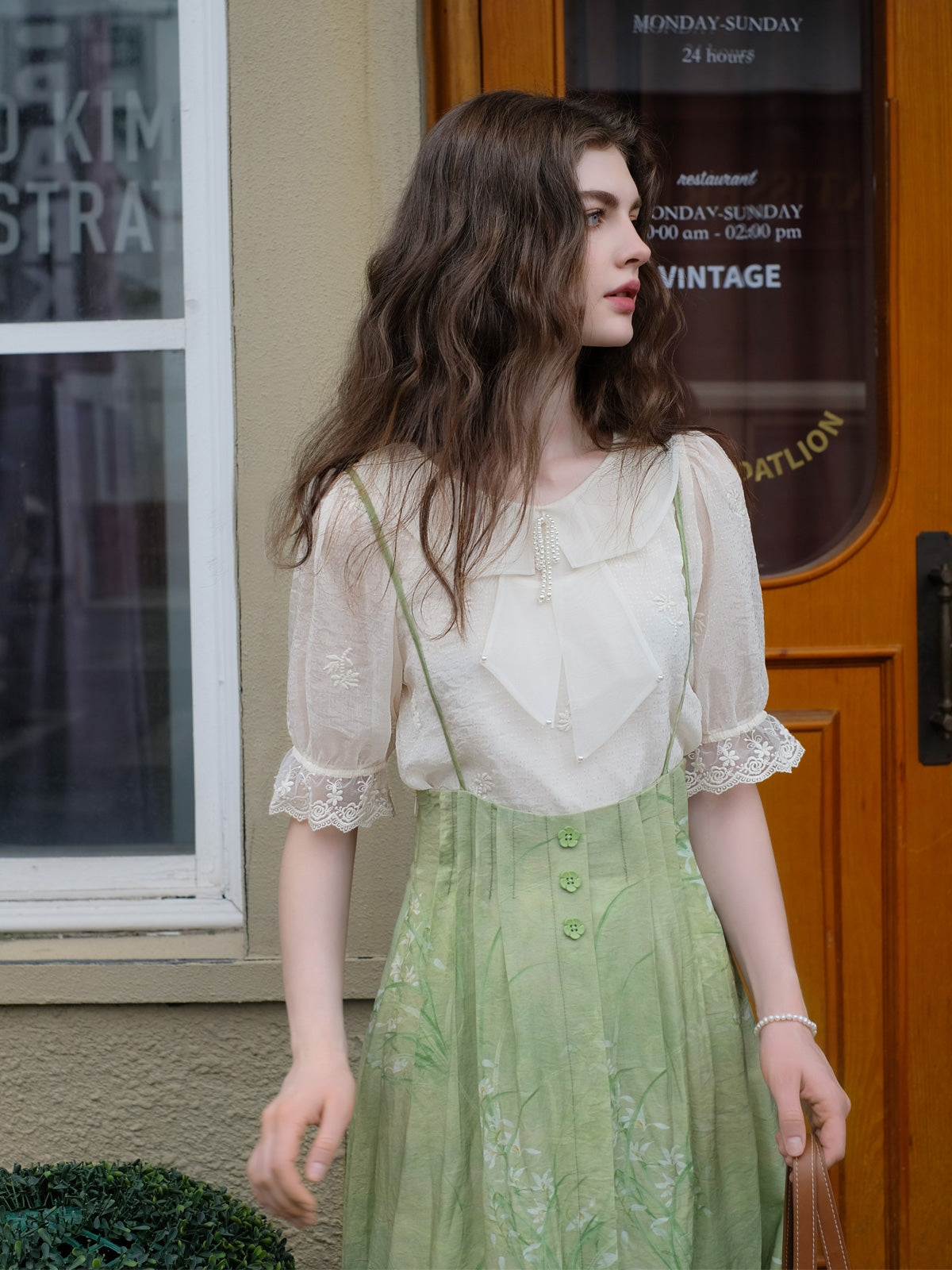 Embroidered Chiffon Shirt + High Waist Pinafore Skirt
