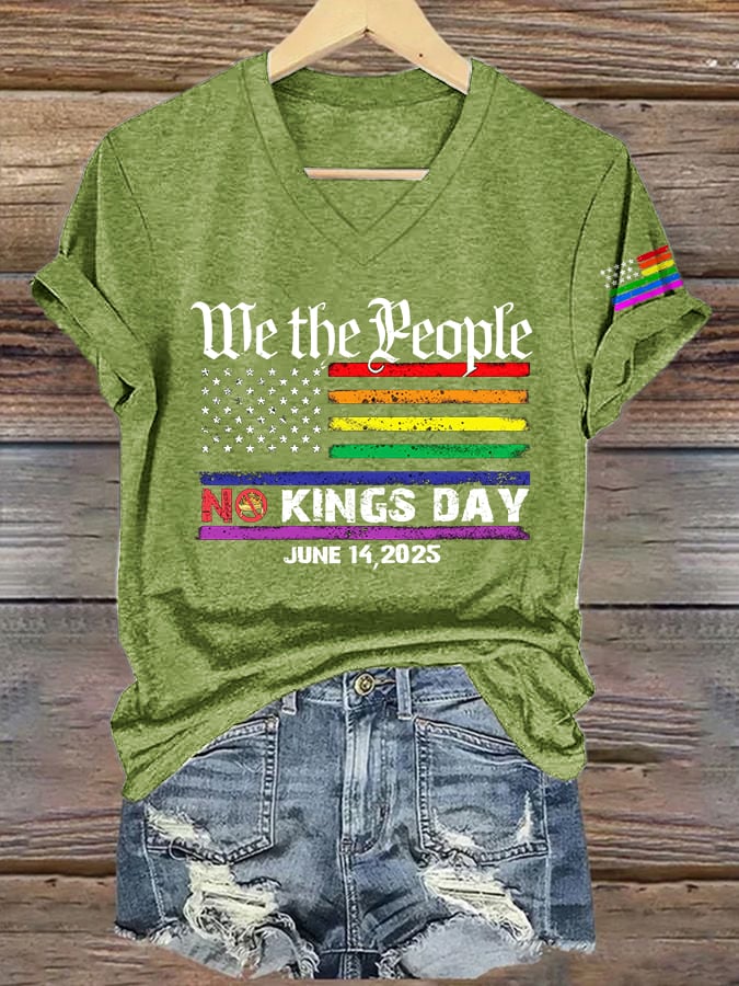 🔥Buy 3 Get 15% Off🔥V-Neck Retro We The People No Kings Day June 14, 2025 Print T-Shirt