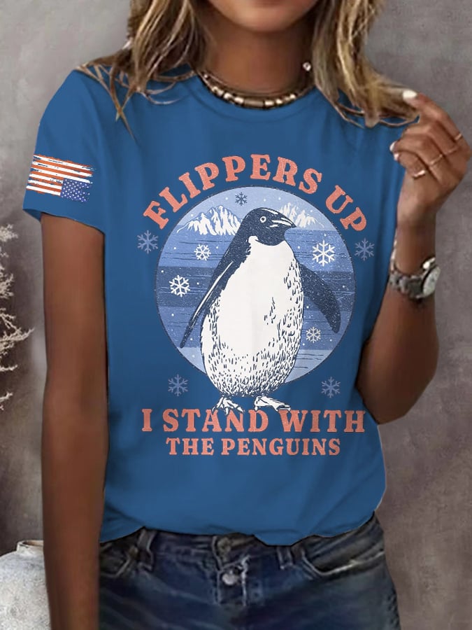 🔥Buy 3 Get 15% Off🔥Retro Flippers Up I Stand With The Penguins Resist Tariffs Print T-Shirt
