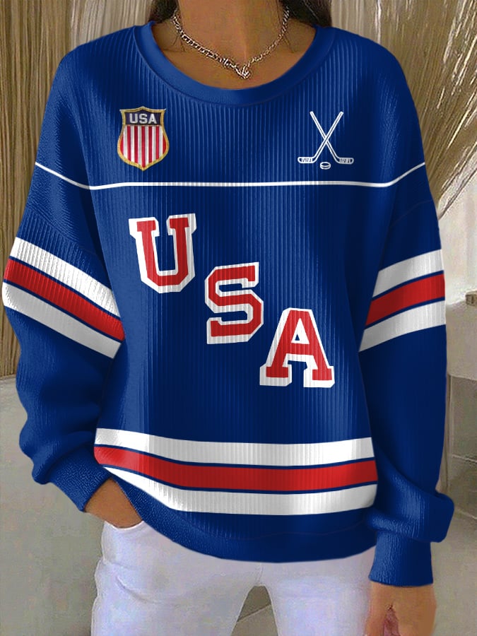 Retro USA Ice Hockey Print Sweatshirt