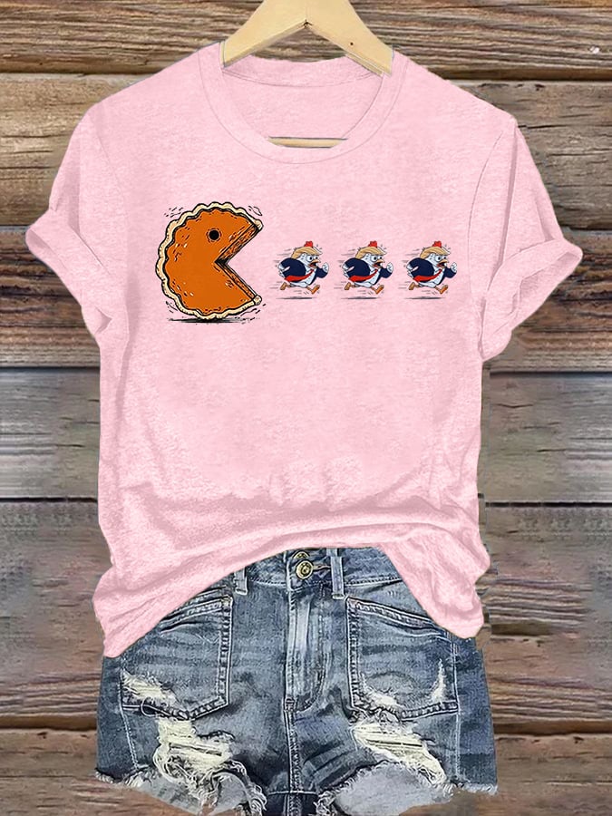 Women's Funny Turkey Chasing Pie Sublimation FDT Thanksgiving T-Shirt