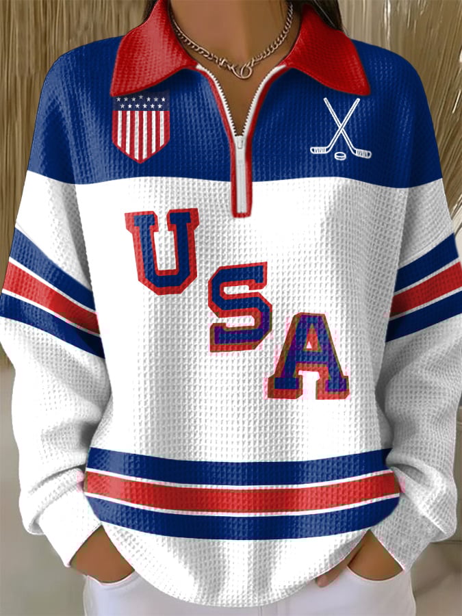 Retro USA Ice Hockey Zipper Print Sweatshirt
