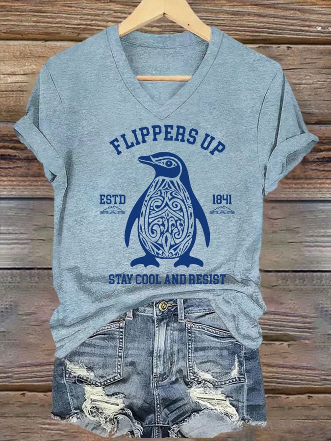 🔥Buy 3 Get 15% Off🔥Women's Penguins Flippers Up Printed V Neck T-shirt