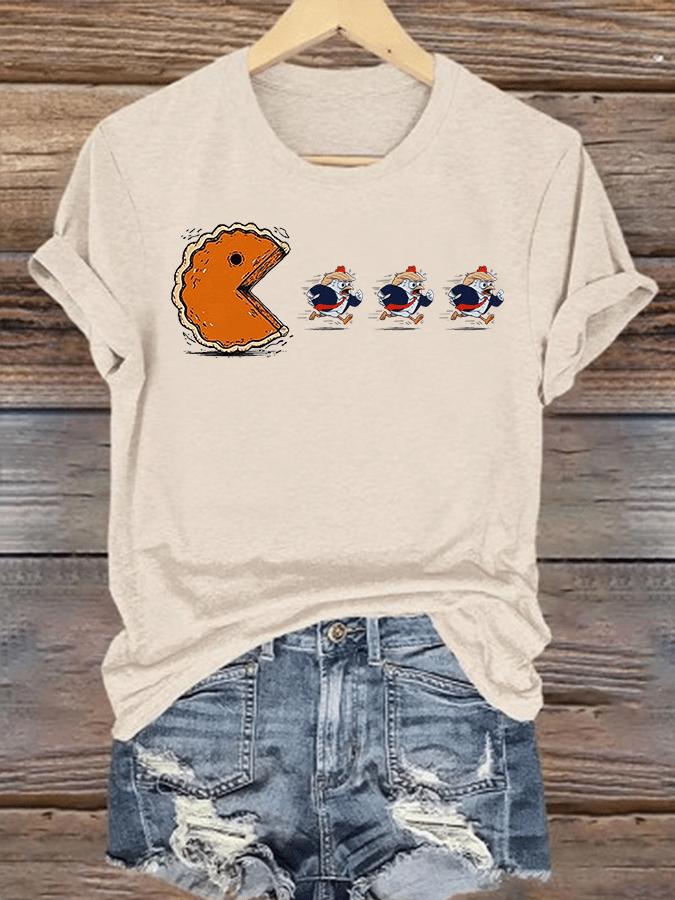 Women's Funny Turkey Chasing Pie Sublimation FDT Thanksgiving T-Shirt