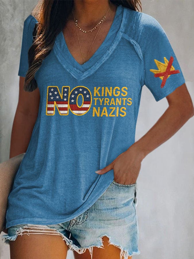 🔥Buy 3 Get 15% Off🔥V-Neck Retro No Kings No Tyrants No Nazis Print T-Shirt
