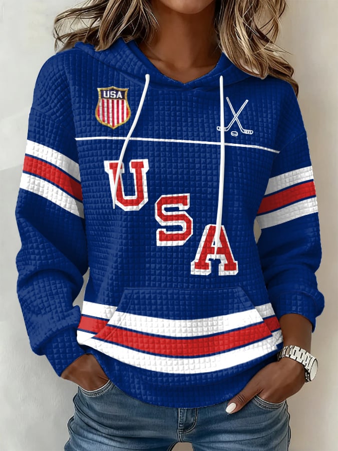Retro USA Ice Hockey Print Hoodie