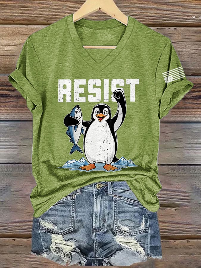 🔥Buy 3 Get 15% Off🔥V-Neck Retro Penguins Resist Tariffs Print T-Shirt