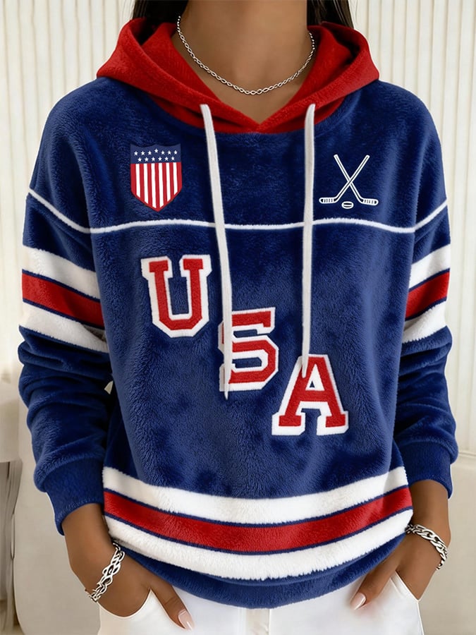 Retro USA Ice Hockey Print Hoodie