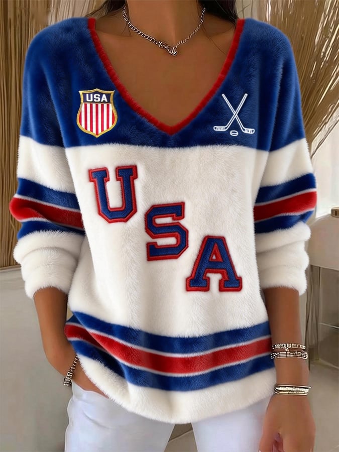 V-Neck Retro USA Ice Hockey Tops