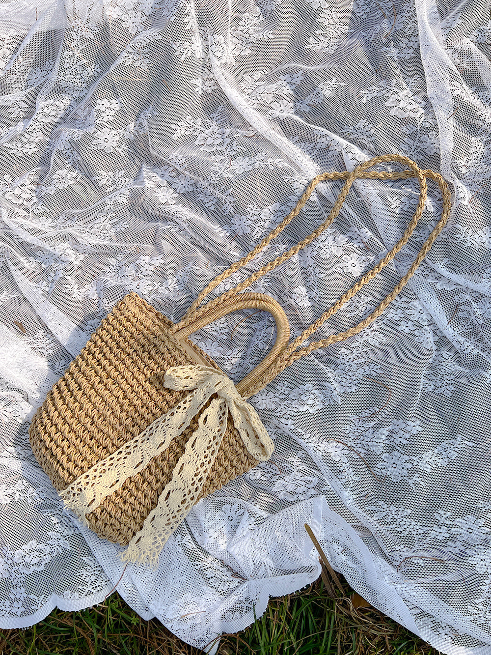 Handmade 2 Way Straw Bag With Lace Ribbon