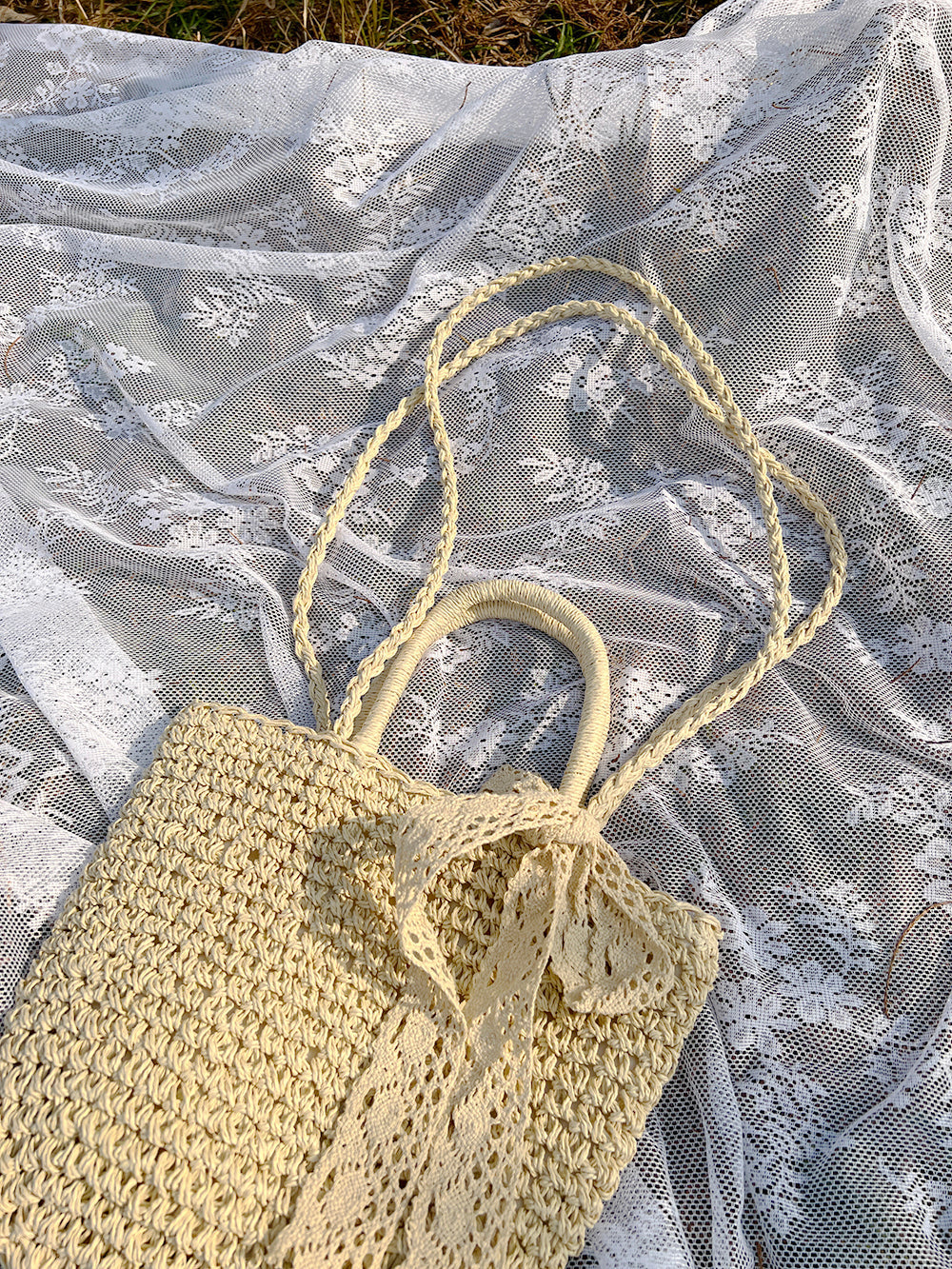 Handmade 2 Way Straw Bag With Lace Ribbon