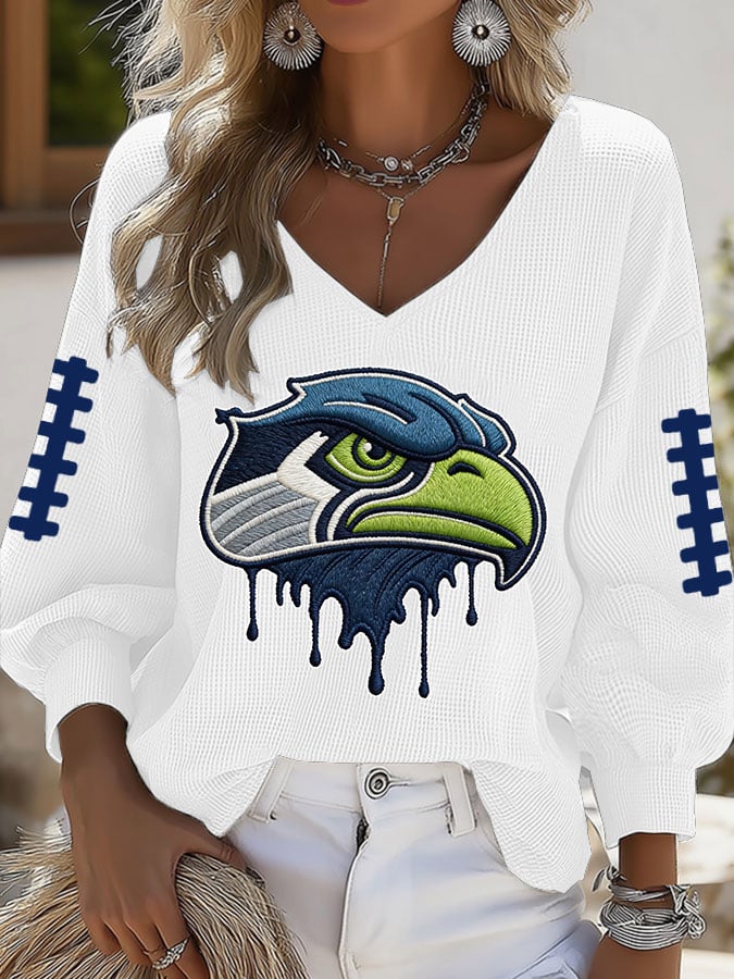 Women's Football Print V-neck Waffle Knit T-shirt