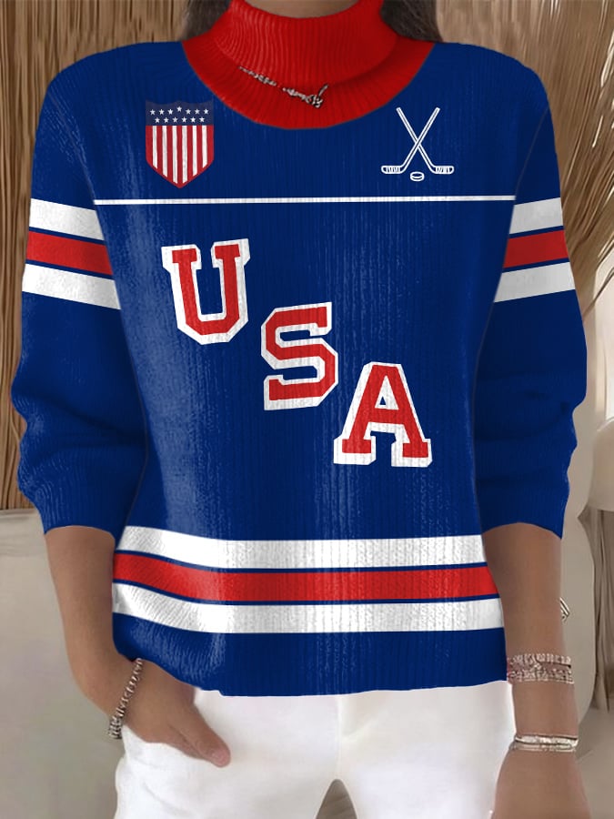 Retro Usa Ice Hockey Print Turtleneck Sweater