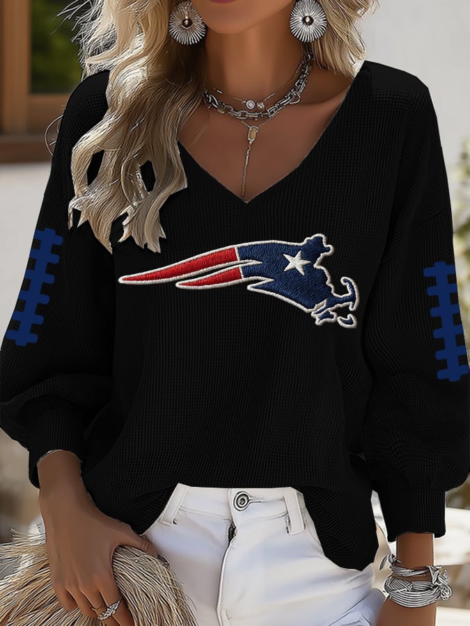 Women's Football Print V-neck Waffle Knit T-shirt