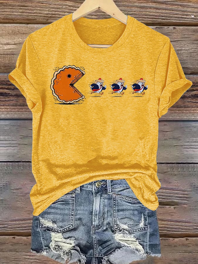 Women's Funny Turkey Chasing Pie Sublimation FDT Thanksgiving T-Shirt