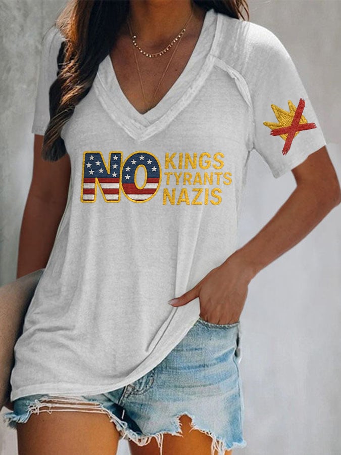 🔥Buy 3 Get 15% Off🔥V-Neck Retro No Kings No Tyrants No Nazis Print T-Shirt