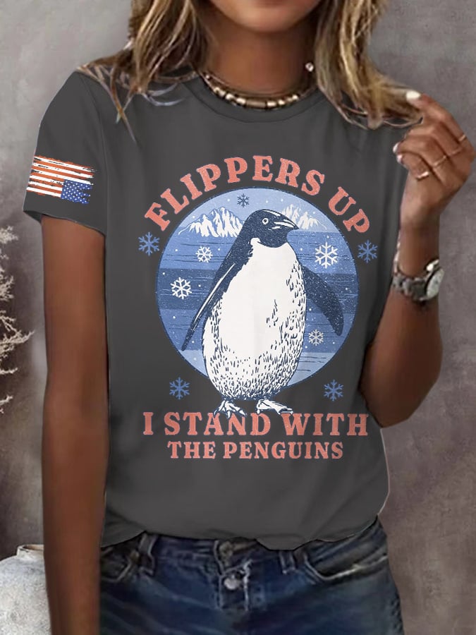 🔥Buy 3 Get 15% Off🔥Retro Flippers Up I Stand With The Penguins Resist Tariffs Print T-Shirt