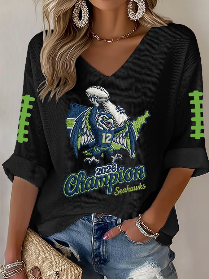 Women's Football Print Waffle Long Sleeve T-Shirt