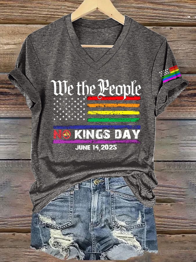 🔥Buy 3 Get 15% Off🔥V-Neck Retro We The People No Kings Day June 14, 2025 Print T-Shirt