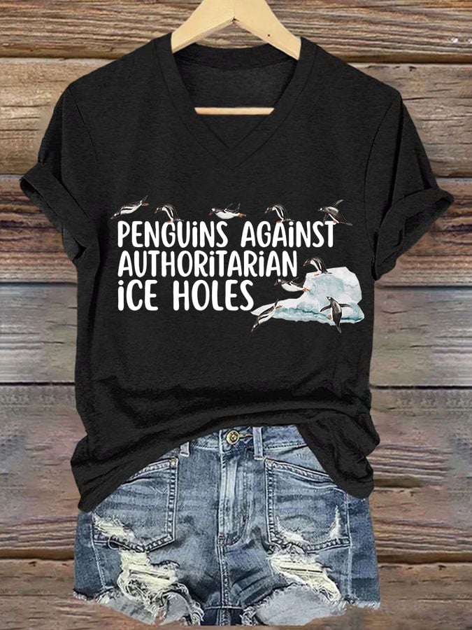🔥Buy 3 Get 15% Off🔥Women's Penguins Against Authoritarian Ice Holes Printed V Neck T-shirt