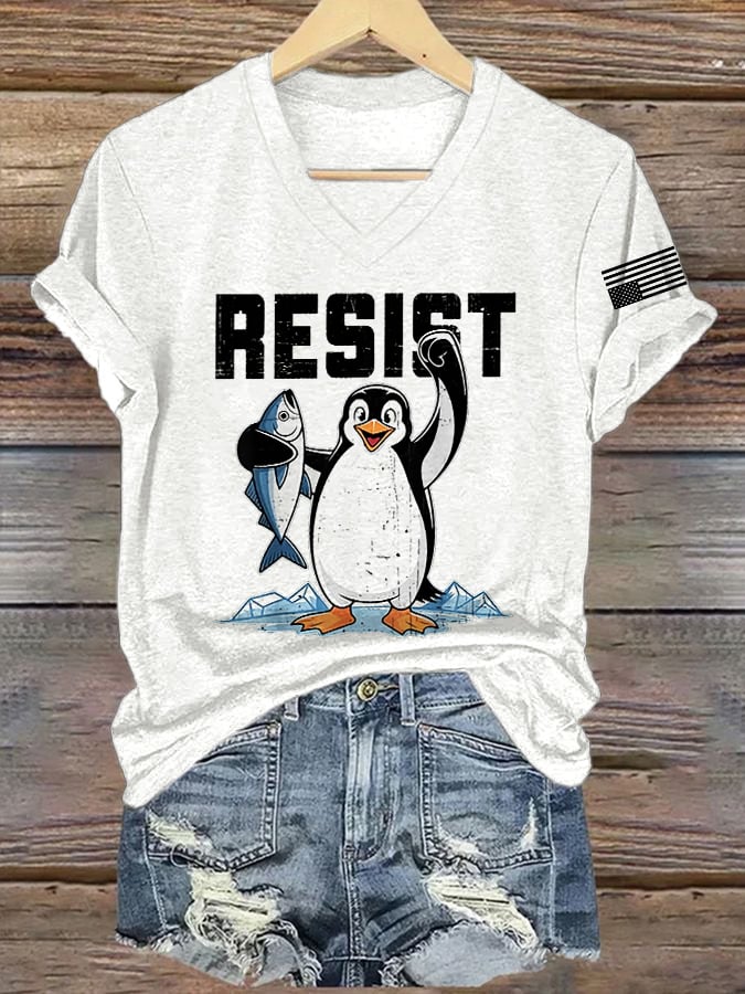 🔥Buy 3 Get 15% Off🔥V-Neck Retro Penguins Resist Tariffs Print T-Shirt