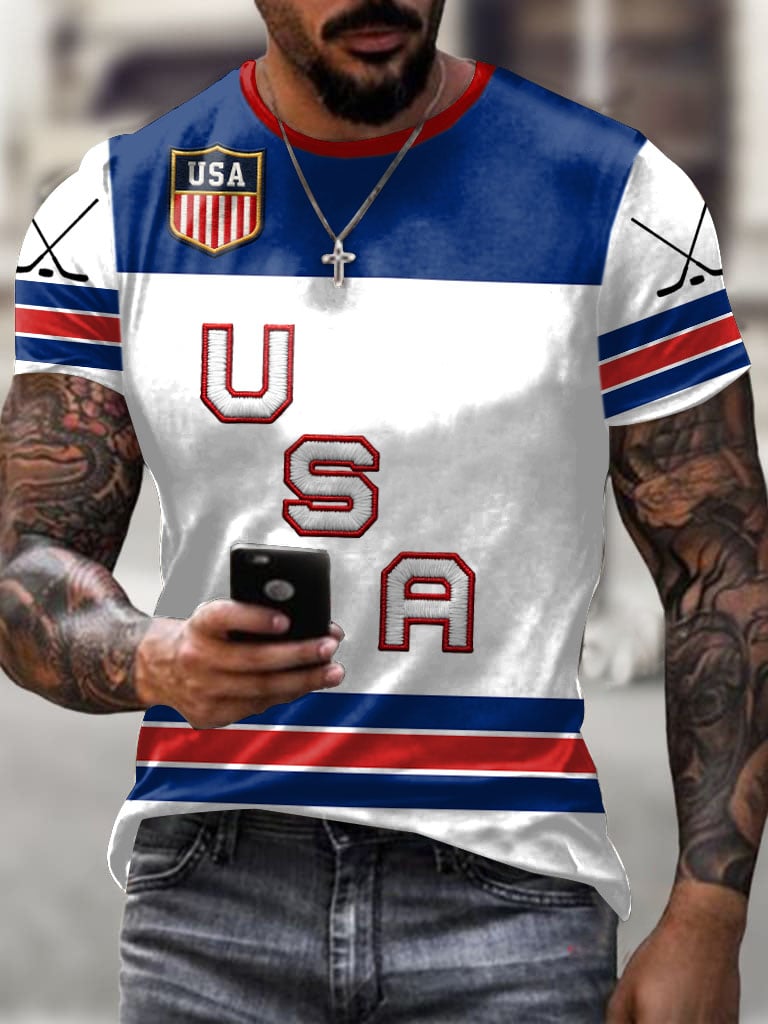 Men's Retro USA Ice Hockey Print Casual T-Shirt