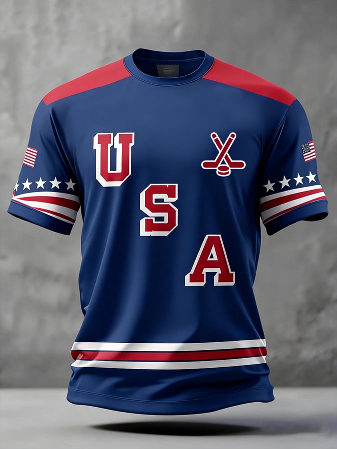 Men's USA Hockey Pattern Printed Short-Sleeved Shirt