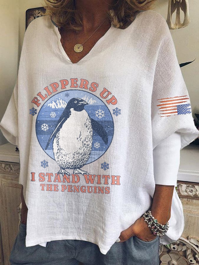 🔥Buy 3 Get 15% Off🔥V-neck Retro Flippers Up I Stand With The Penguins Resist Tariffs Print T-shirt