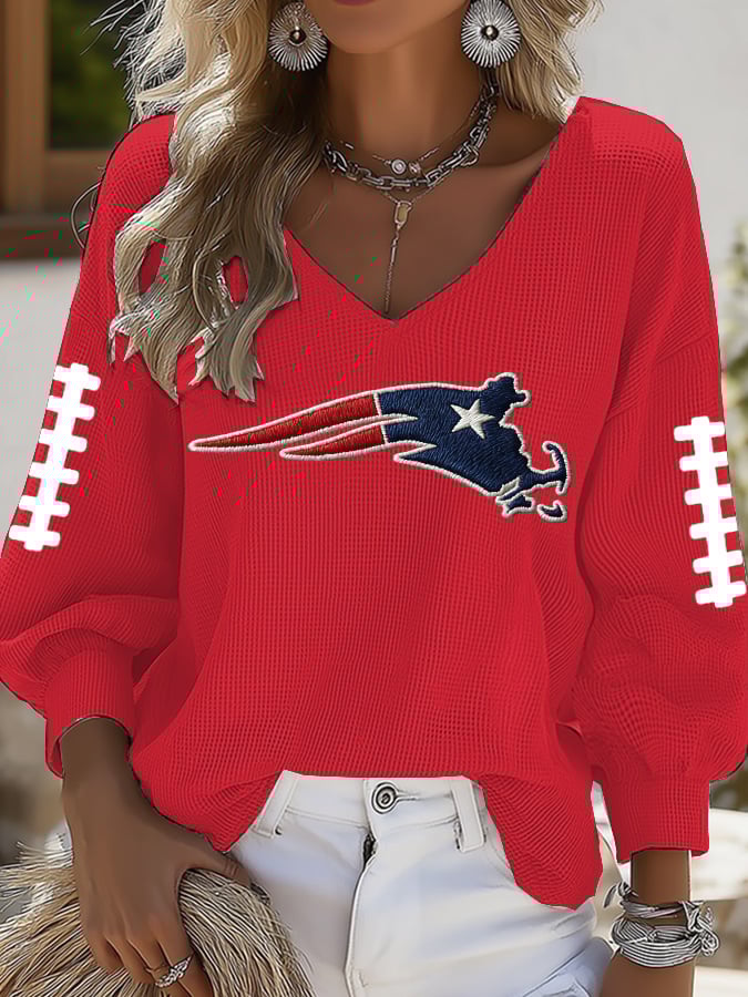Women's Football Print V-neck Waffle Knit T-shirt