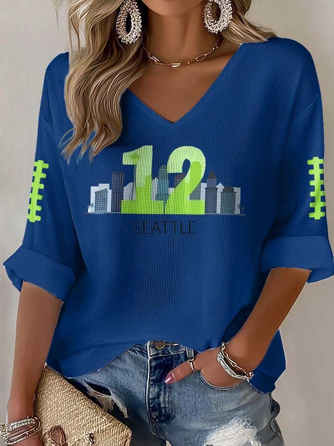 Women's Rugby Print Waffle Long Sleeve T-Shirt