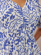 Fern Relaxed Dress - Blue & White Leaf Print